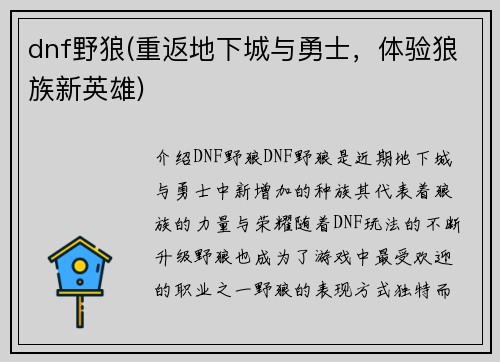 dnf野狼(重返地下城与勇士，体验狼族新英雄)